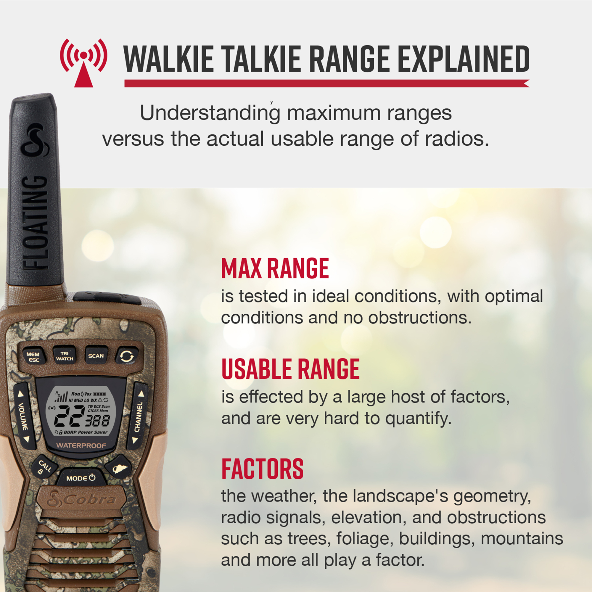 Cobra, 37Mile Floating Two-Way Radio Truetimber Strata 2P, Range 37 mile, Channel (qty.) 22 Model# ACXT1035R FLT TTC